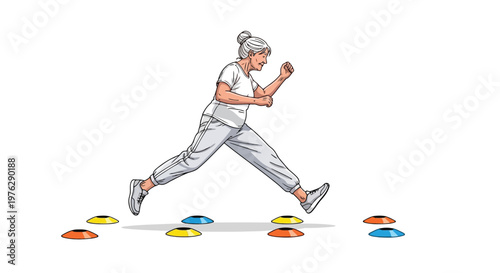 Elderly woman agility training cones illustration isolated on white background