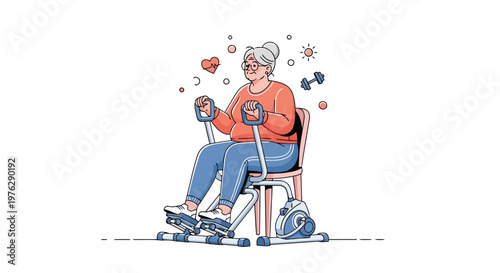 Elderly woman using elliptical machine illustration isolated on white background