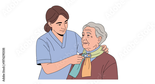 Nurse helping elderly man with scarf illustration isolated on white background