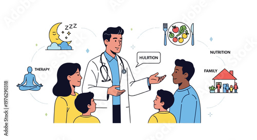 Doctor discussing holistic health with family illustration isolated on white background