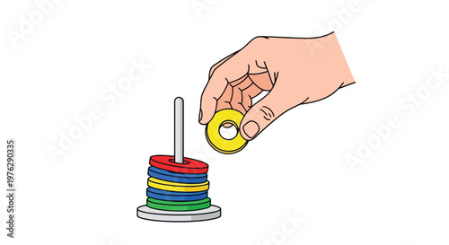 Hand stacking colorful rings on toy peg vector isolated on white background