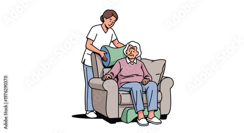 Nurse assisting elderly woman in armchair illustration isolated on white background