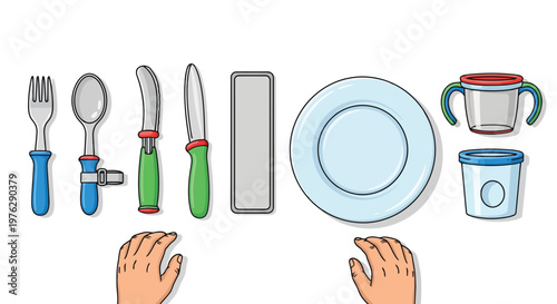 Table setting with cutlery plate and cups vector isolated on white background