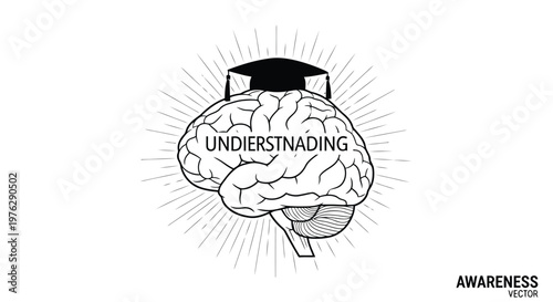 Brain with graduation cap and radiating lines vector art isolated on white background