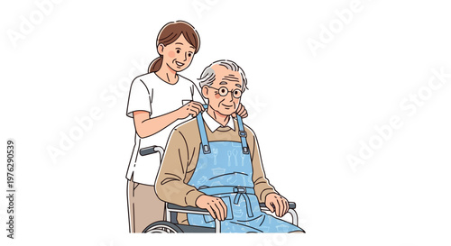 Caregiver assisting elderly man in wheelchair illustration isolated on white background