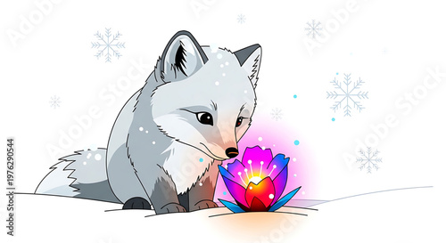 A cartoon fox sniffs a colorful flower in a winter wonderland scene with snowflakes