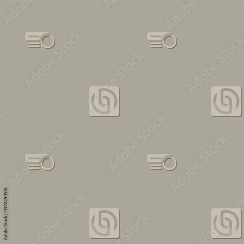 A repeating pattern of embossed geometric icons on a soft muted olive green colored background