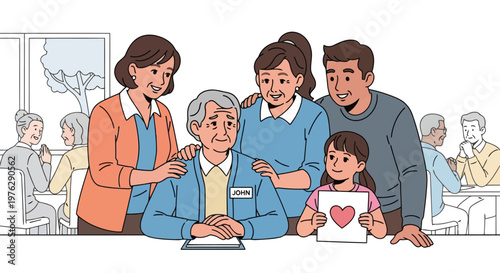 Family showing affection to elderly man named John illustration isolated on white background