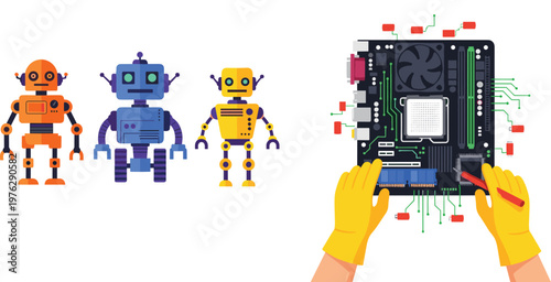 Robot Character and Computer Repair Illustration Set with Cute AI Bots, Motherboard, and Technician Hands for Technology Design Projects