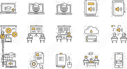 Online Learning and Education Icon Set with E-learning Tools, Digital Classroom, Lectures, and Virtual Learning Resources Illustration