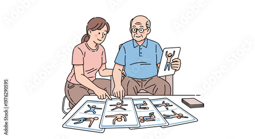 Elderly man learns physical exercises with caregiver illustration isolated on white background