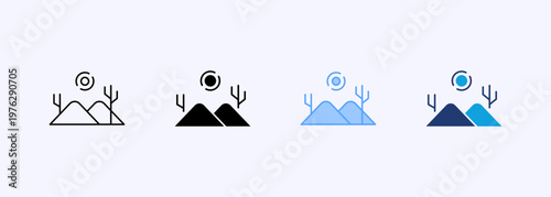 Desert themed icons with dunes, arid landscape, and extreme climate visuals for environment design. Multiple style Icons set.