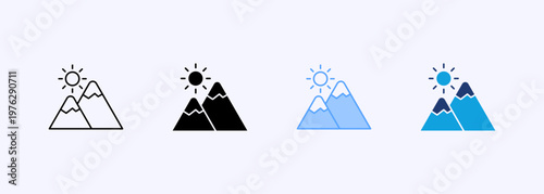 Mountain and peak icons with adventure, hiking, and terrain concepts for travel and outdoor themes. Multiple style Icons set.