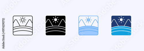 Valley and countryside icons with green land, agriculture, and peaceful scenery concepts. Multiple style Icons set.