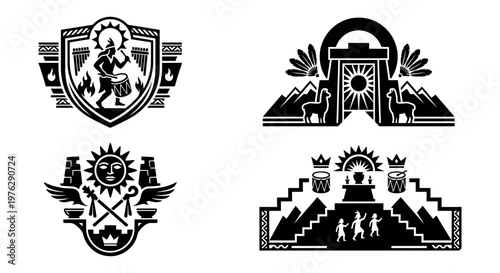 Andean landmark and symbolic silhouette emblem set