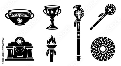 Andean leaf and dancer culture silhouette symbol set