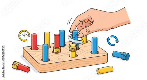 Hand playing sorting game with colorful pegs illustration isolated on white background