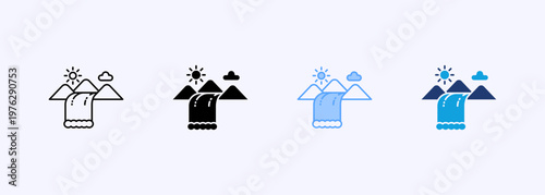 Waterfall icons with flowing water and natural scenery ideal for outdoor and eco visuals. Multiple style Icons set.