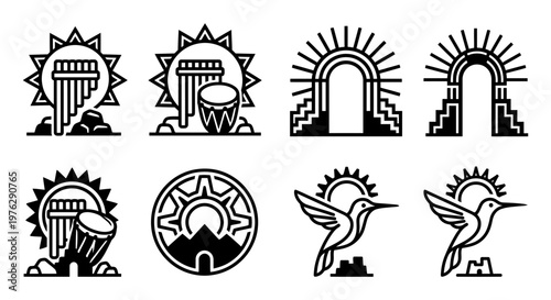 Llama and mountain village silhouette travel icon set