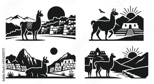 Llama at mountain ruins travel silhouette icon collection