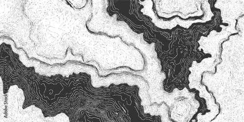Black and white topographic map lines depicting contour elevation changes and landforms abstract background
