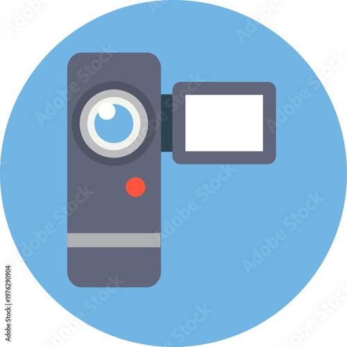 Video Camera Icon on Circular Background, Recording Media Flat Vector Illustration