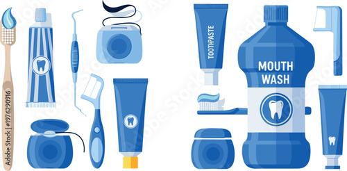 Oral Care and Hygiene Kit Vector Set with Toothbrush, Toothpaste, Mouthwash, Floss, and Dental Tools