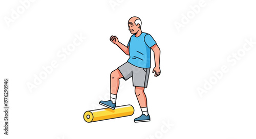 Elderly man exercising with foam roller on white background isolated on white background