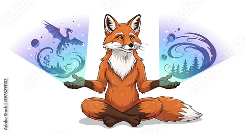 A cartoon fox in a meditative pose with mystical elements in the background