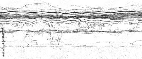 Abstract layered geological strata with textured rock formations and circular inclusions