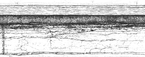 Cracked earth layers beneath a textured surface and water under a dotted sky