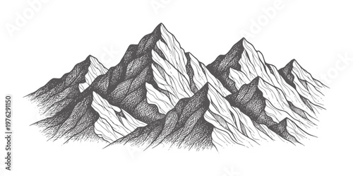 Of jagged mountain peaks in dark grey and white monochrome