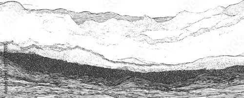 Stylized cross section of geological strata and undulating terrain with dark textured lower section