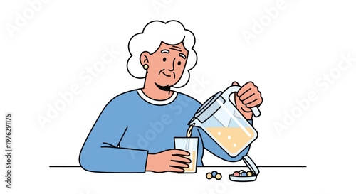 Elderly woman pouring juice into glass from pitcher isolated on white background