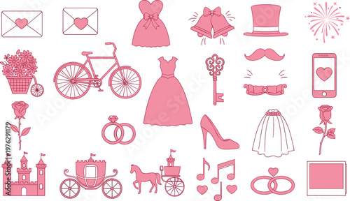 Pink Wedding and Celebration Icons Set with Flowers, Dresses, Rings, Bicycle, Castle, Fireworks, and More