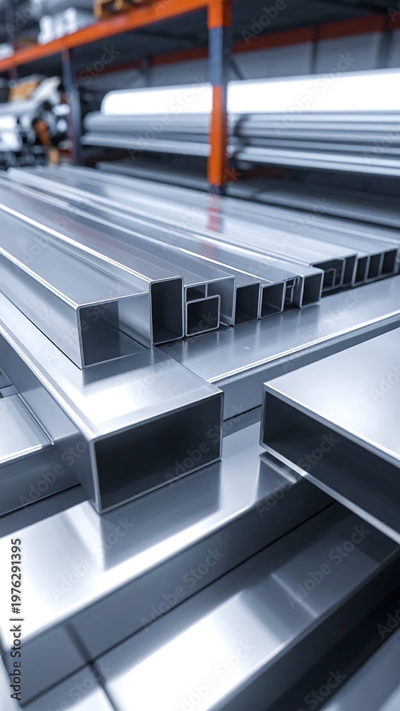 Fototapeta premium Close-up of shiny, rectangular metal bars in industrial storage