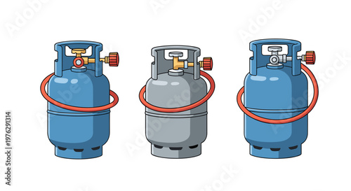Three LPG Gas Cylinders with Regulators and Hoses, Vector Illustration