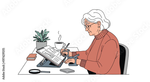 Elderly woman writing in a notebook with assistive tools isolated on white background