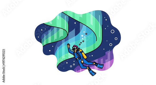 A colorful vector illustration of a scuba diver swimming in a vibrant ocean with a wavy background