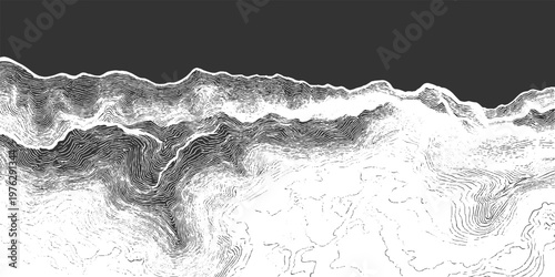 Detailed topographic contour lines depicting mountainous terrain with a dark sky backdrop topography