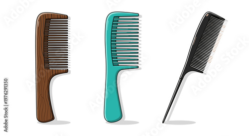 set of three colorful hair brushes isolated on white background