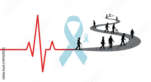 Heartbeat line with ribbon and silhouettes of people walking illustration isolated on white background