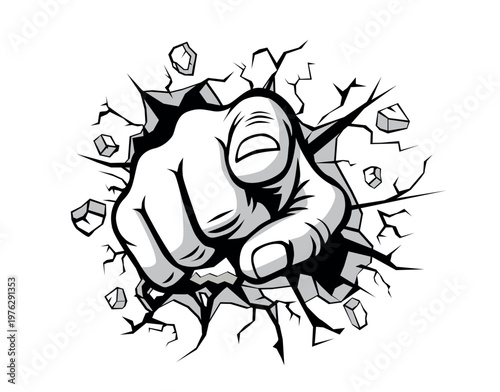 Hand breaks through stone wall. Index finger is pointing at you. Vector on transparent background