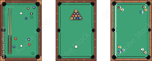 Pool Table Game Set with Billiard Balls Cues and Triangular Rack for Sports and Leisure Entertainment Design Illustration