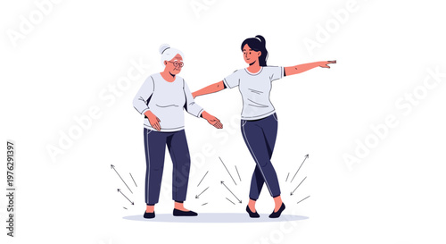 Young woman helping elderly woman with balance exercises illustration isolated on white background
