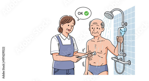 Caregiver assisting elderly man showering in bathroom illustration isolated on white background