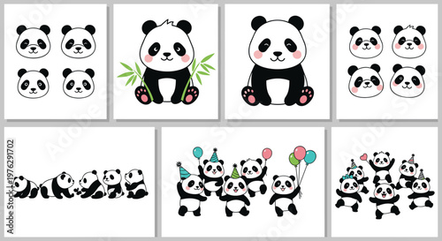 Cute giant panda bear character set featuring party celebration with balloons bamboo leaves and various baby panda expressions vector illustration