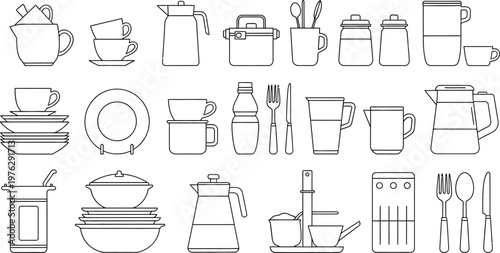 Assorted kitchenware and dining essentials illustrated in a minimalist style Vector