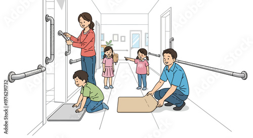 Family preparing home for accessibility illustration isolated on white background