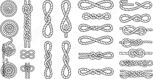 Set of Various Rope Knots and Tying Techniques for Maritime, Sailing, and Rope Craft Illustrations